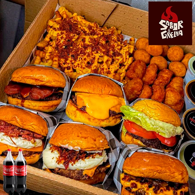 RODÍZIO EM CASA - 6x Hambúrgueres + 500g de Fritas + 500g Nuggets + 2x Coca Cola 2 Litros + 4 Molhos Especiais